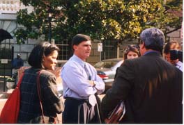 [photo, Governor Robert L. Ehrlich, Jr., with reporters near State House, Annapolis, Maryland]
